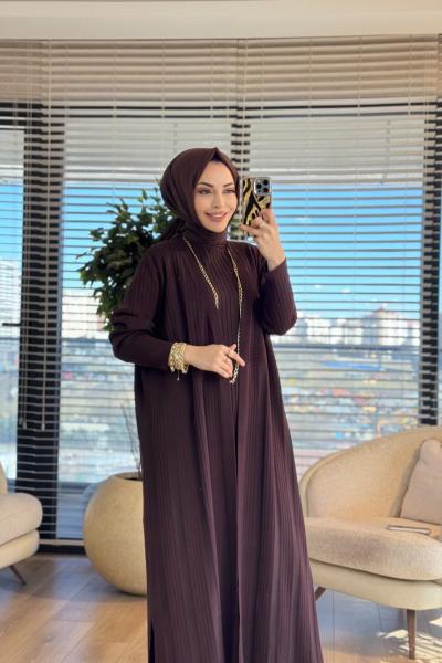 142 Kolsuz Elbise Üstü Hırka İkili Takım Kahve