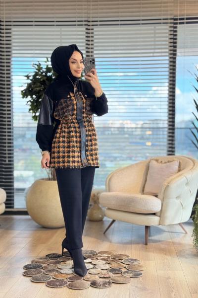 1422 Omuzu ve Önü Hasır Örgü Takım Siyah Oranj