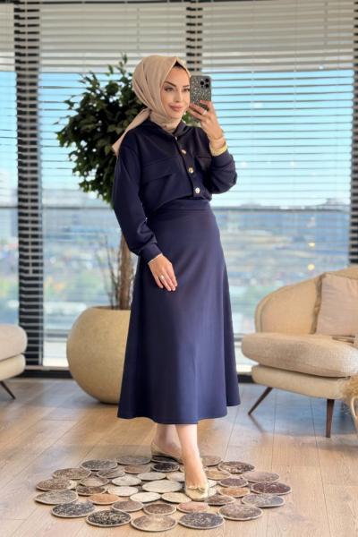 14377 Gold Çıtçıtlı Etekli Takım Lacivert