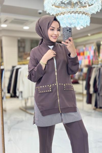 14410 Etek Ucu Çizgi Parçalı Takım Kahve