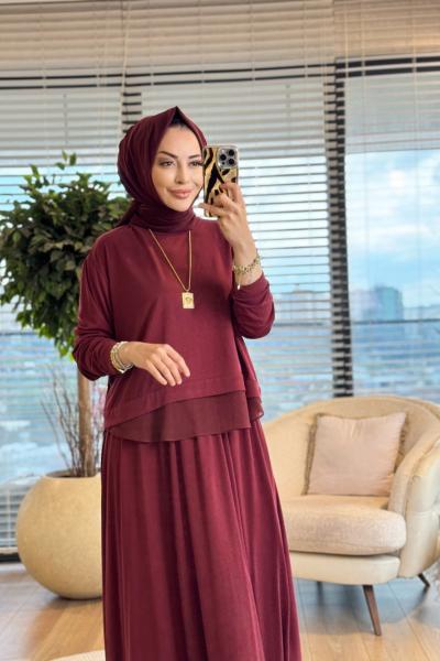 14420 Etek Ucu Tül Ve Parçalı Kısa Bluzlu Takım Bordo