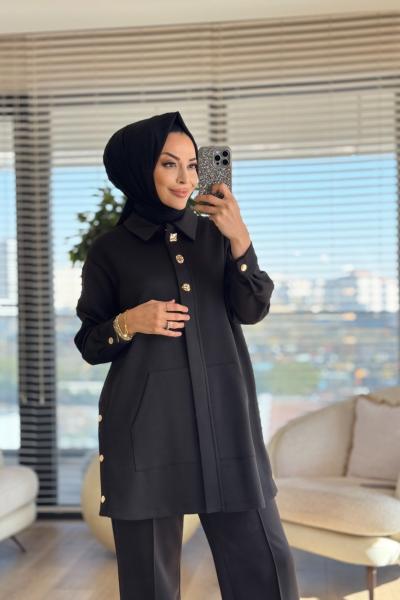 14429 Ön Fermuarlı Patı Üç Metalli Takım Siyah