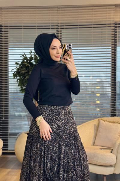 1443 Şifon Leopar Desen Parçalı Etek Leopar