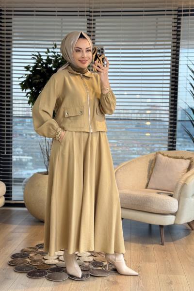 14436 Önü Cep Ve Fermuarlı Etekli Takım Yağ Yeşili