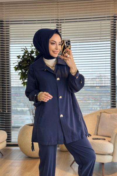 14452 Kolu Gofre Kumaş Arka Düğmeli Takım Lacivert