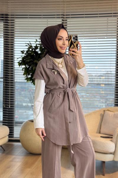 14454 Üst Yelek Ön Çıtçıtlı Broşlu Takım Vizon