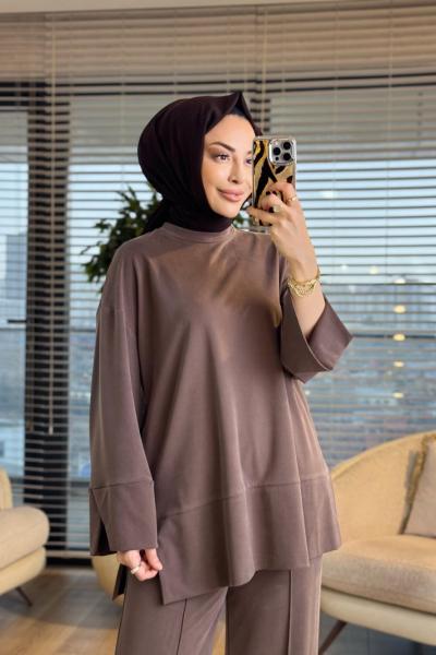 14457 Etek Ucu Parça Yırtmaçlı Takım Kahve