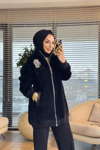 1450 Angora Broşlu Kap Siyah