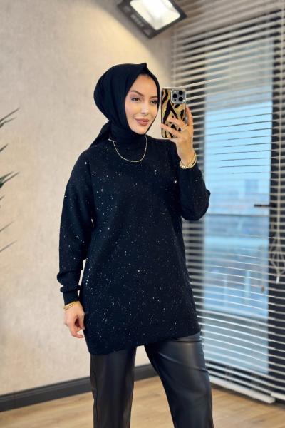 145117 Pul Detaylı Triko Tunik Siyah