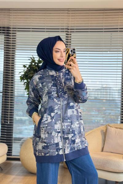 1470 Kendinden Desenli Fermuarlı Kap Lacivert