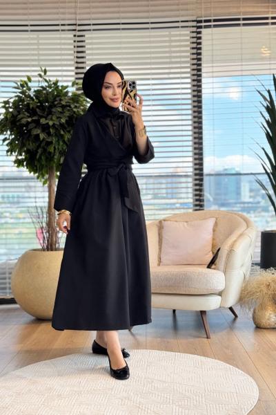 1508 Önü Uzun Kuşaklı Elbise Siyah