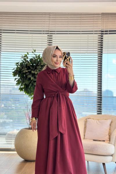1508 Önü Uzun Kuşaklı Elbise Bordo