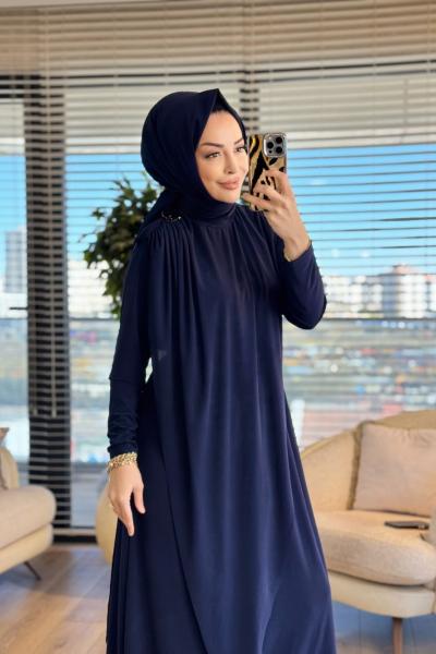 1513 Üstleri Üçgen Pelerinli Elbise Lacivert