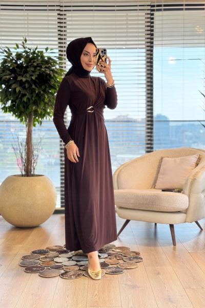 1514 Viona Yan Tokalı Sandy Elbise Kahve