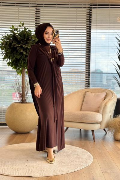 1515 Asil Pelerinli Tokalı Sandy Elbise Kahve