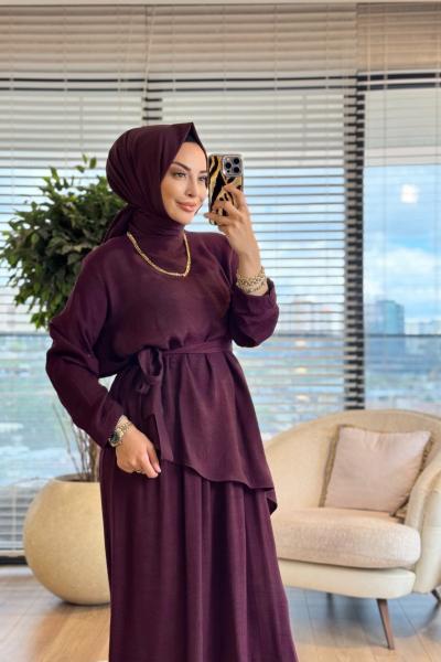 1517 Firuze Elbiseli Bluzlu Takım Mürdüm