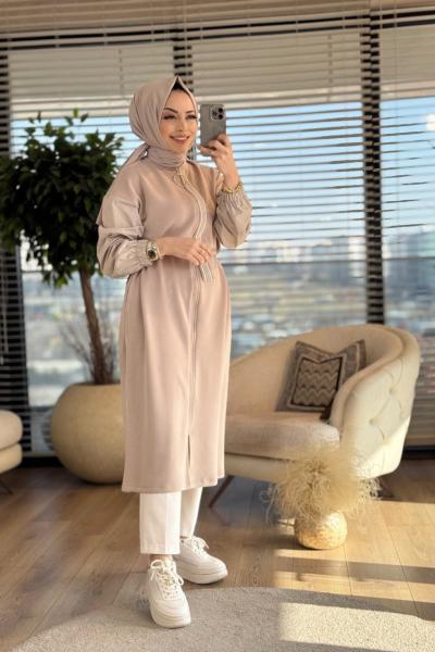 15198 Patı Şerit Ve Fermuar Detaylı Elbise Bej