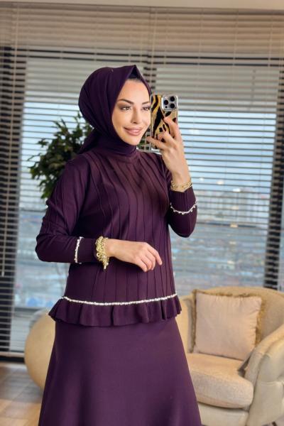 152 Kol Ve Etek Ucu Taş Şerit Detaylı Takım Mürdüm