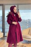 15229 Angora Yakası Kürklü Uzun Kaban Bordo