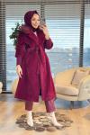 15229 Angora Yakası Kürklü Uzun Kaban Bordo