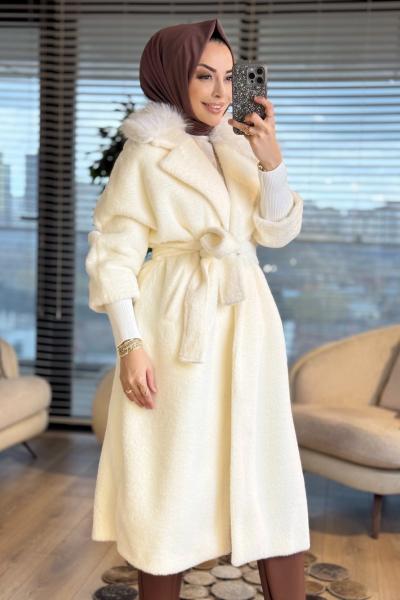 15229 Angora Yakası Kürklü Uzun Kaban Ekru