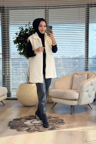 15238 Peluş Önden Fermuarlı Yelek Ekru