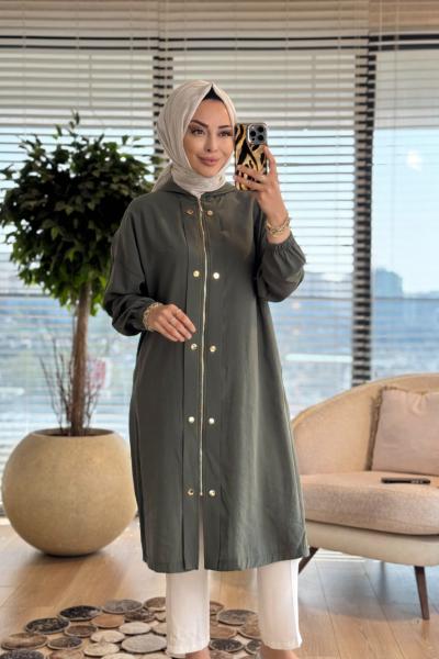 15251 Önü Fermuar Ve Çıtçıtlı Kapşonlu Kap Haki