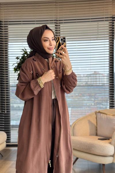 15253 Ön Taş Çiçek İşleme Cepli Fermuarlı Kap Kahve