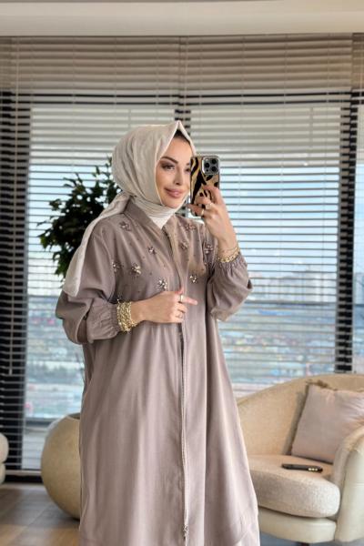 15253 Ön Taş Çiçek İşleme Cepli Fermuarlı Kap Vizon