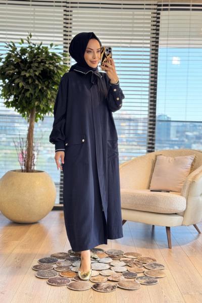 15256 Yaka Manşeti Ribanalı Fermuarlı Kap Lacivert