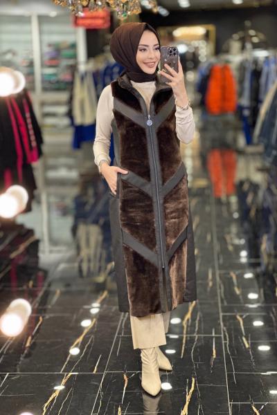 16-1032 Deri Ve Kürk Parçalı Yelek Kahve