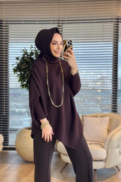 161  Asimetrik Omzu Drapeli Triko Tunik Kahve