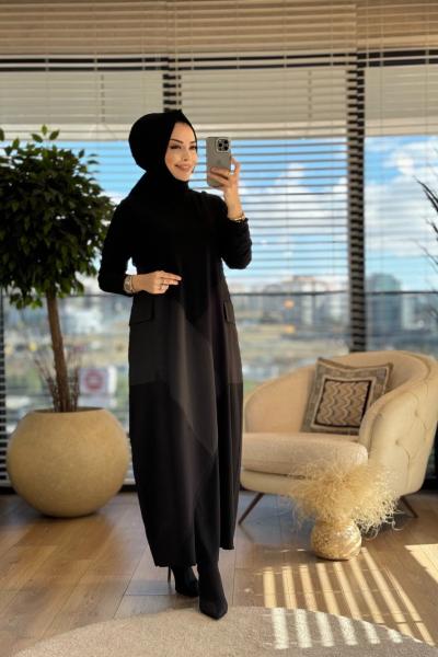 16107 Ön Gofre Ve Kumaş Parçalı Elbise Siyah