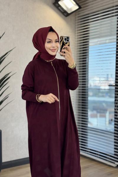 172 Kendinden Desenli Fermuarlı Ferace Bordo