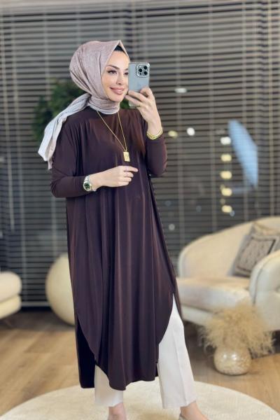1735 Sandy Yarasa Kol Tunik Kahve