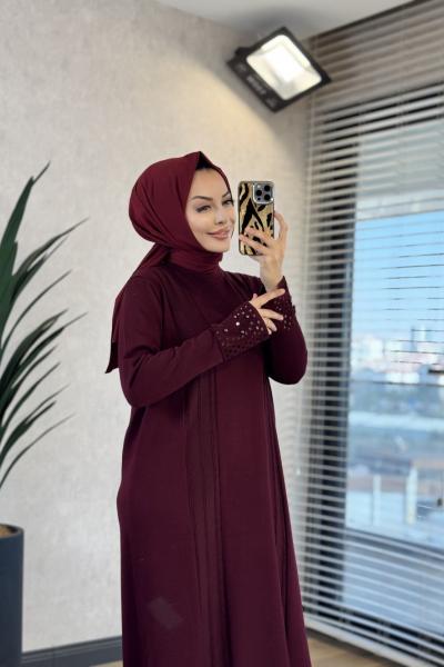 175 Önü Üç Sıra Saç Örgülü Elbise Bordo