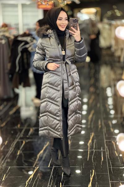 18272 Roma Kapşonu Kürklü Şişme Kaban Gri