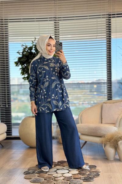 2002 Tencel Nakışlı Gömlek Koyu Mavi