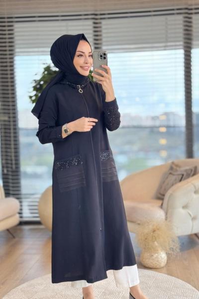 2004 Kol Cep Ve Kapşonu Payet Detaylı Kap Siyah