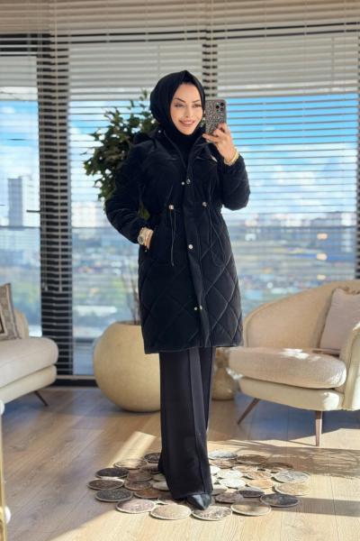 2024 Kapitone Kapş.Kürk Uzun Kaban Siyah