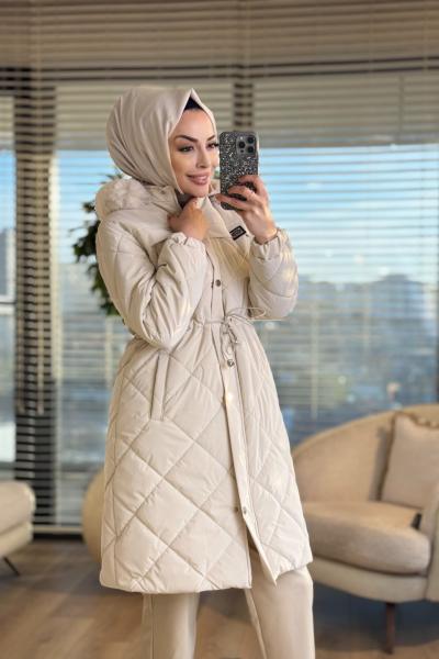 2024 Kapitone Kapş.Kürk Uzun Kaban Bej