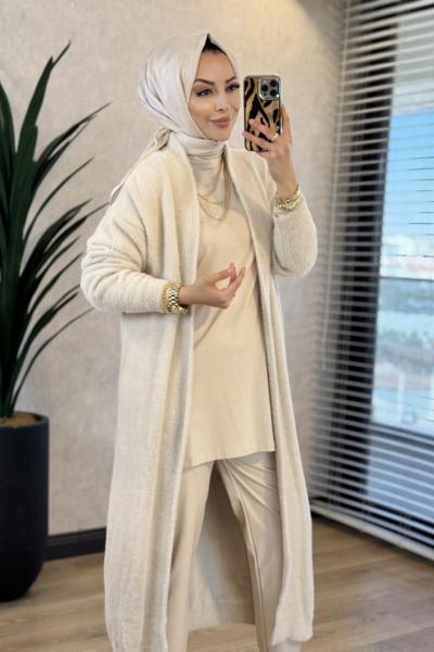 2025 Saçak Uzun Hırka Bej