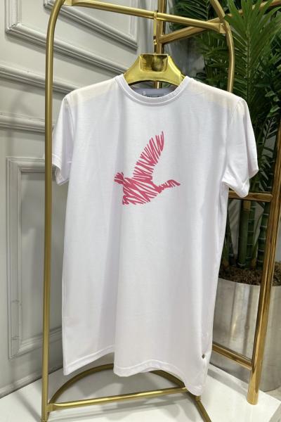 20400-5 Önü Kuş Baskılı Bluz Beyaz Fuşya