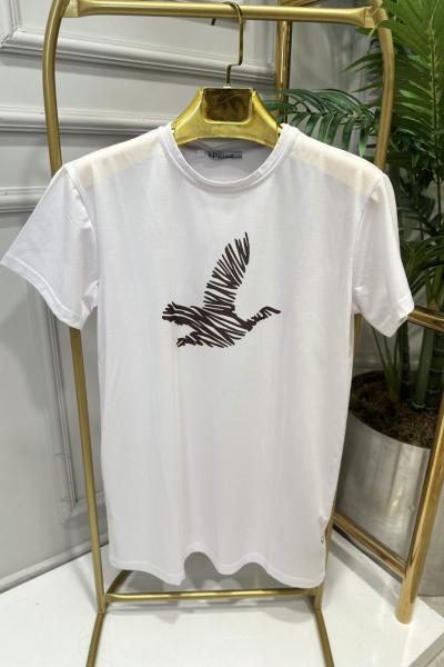 20400-5 Önü Kuş Baskılı Bluz Beyaz Kahve