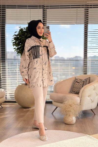 2052 Robası Taş Ve Saçak Detaylı Çizgili Gömlek Bej