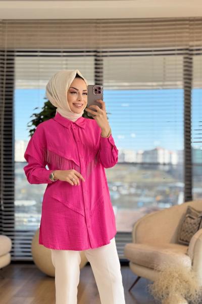 2055 Ön V Zincir Ve Parça Detaylı Gömlek Fuşya