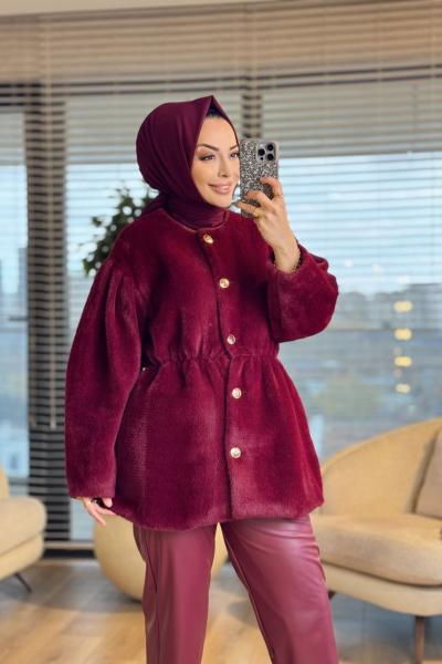 20723 Angora Yakasız Ön Metal Düğmeli Kaban Bordo