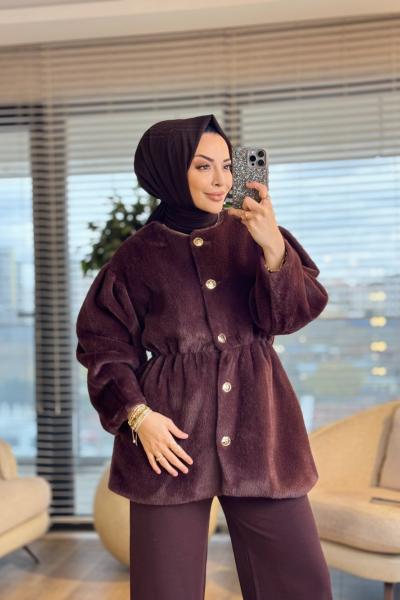 20723 Angora Yakasız Ön Metal Düğmeli Kaban Kahve