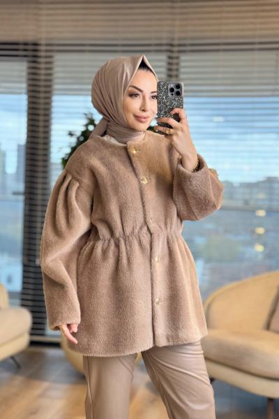 20723 Angora Yakasız Ön Metal Düğmeli Kaban Vizon
