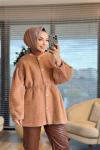 20723 Angora Yakasız Ön Metal Düğmeli Kaban Camel